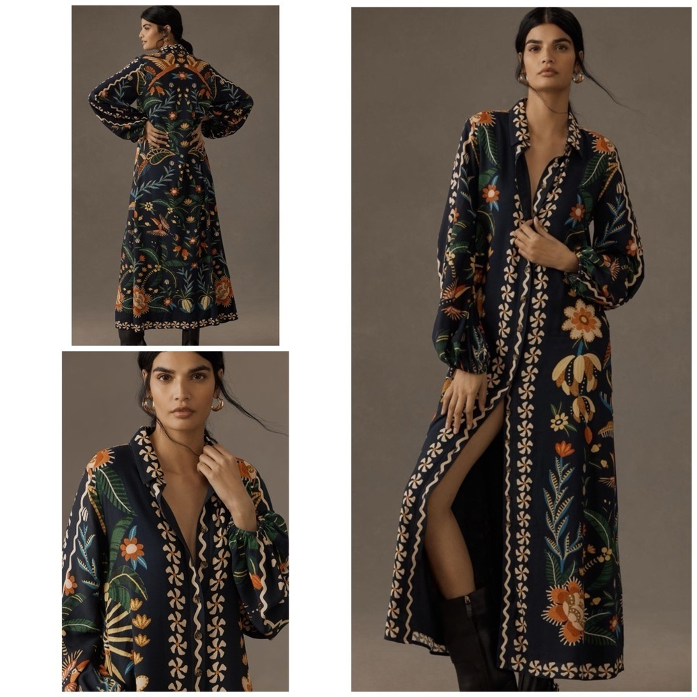 NWT Anthropologie x Farm Rio Floral Birds Long-Sleeve Button-Front Midi Dress​​​